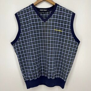 Polo Golf Ralph Lauren Sweater Vest‎ Men's M Blue Check Pritn Vtg 90s Spellout